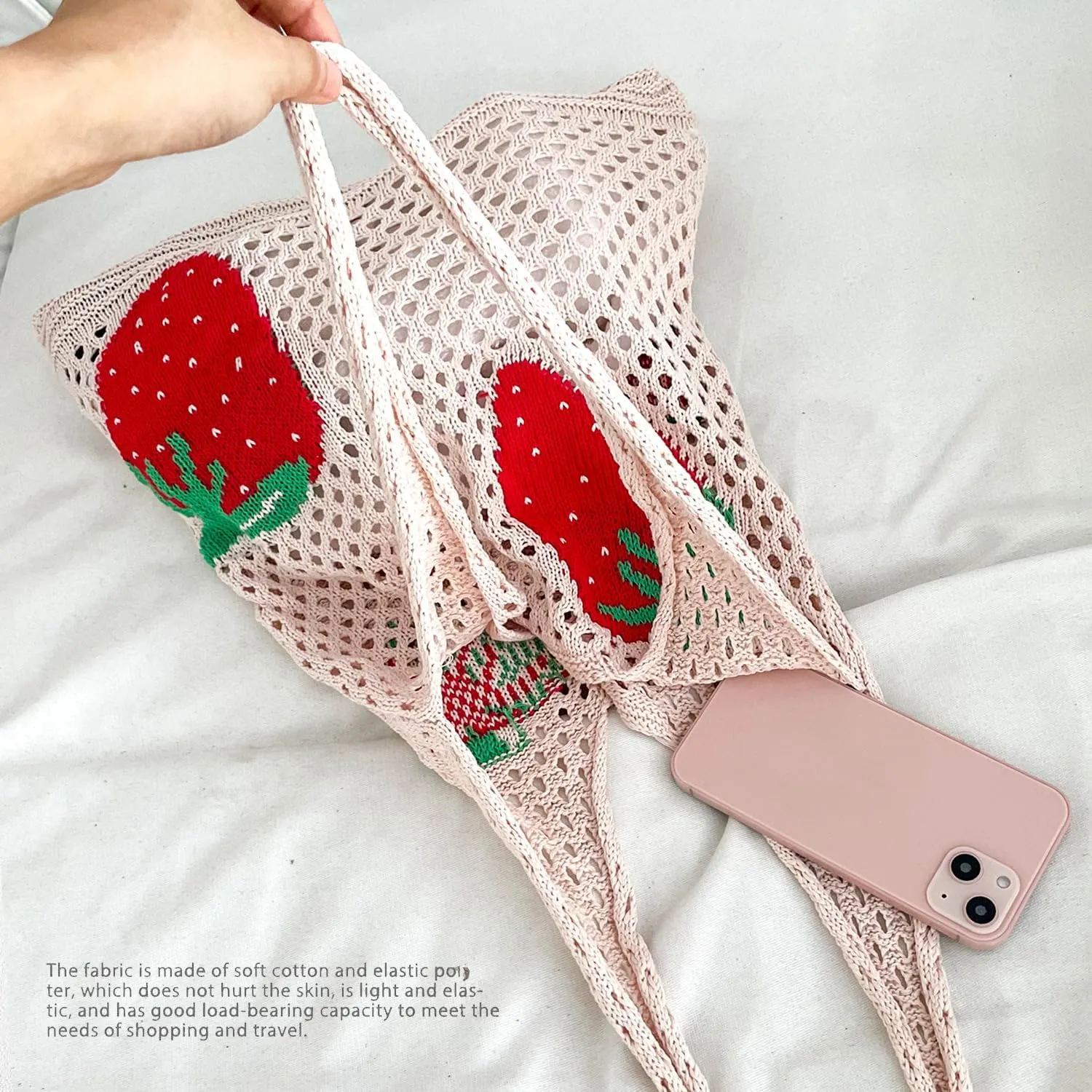Cute Strawberry Pattern Tote Bag Crochet Tote Bag Shoulder Bag Handbags Knitting Bag Aesthetic Handmade Weaving