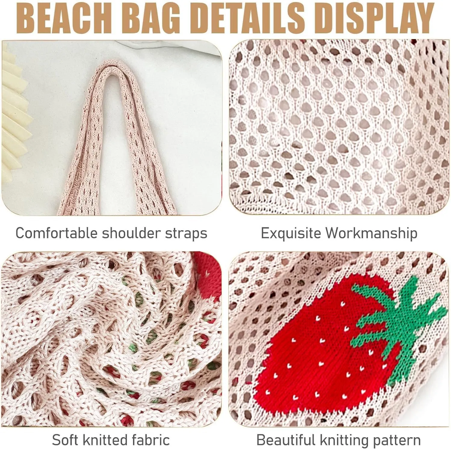Cute Strawberry Pattern Tote Bag Crochet Tote Bag Shoulder Bag Handbags Knitting Bag Aesthetic Handmade Weaving