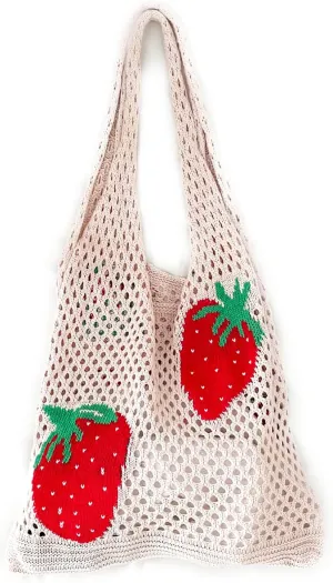 Cute Strawberry Pattern Tote Bag Crochet Tote Bag Shoulder Bag Handbags Knitting Bag Aesthetic Handmade Weaving