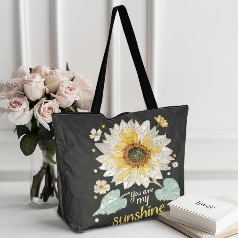 Daisy Flower Eco-Friendly Paper Tote Bag, French Bulldog Collie Dog Reusable Handbag Leopard Tote Bag for Women