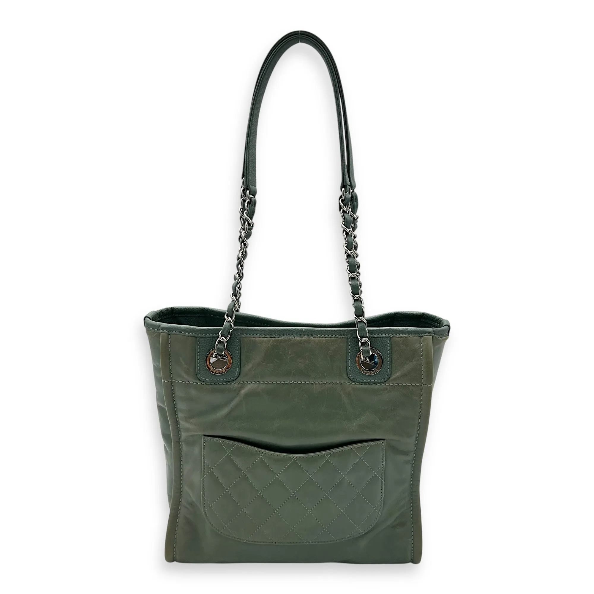 Deauville Tote Bag Green in Calfskin, Silver hardware