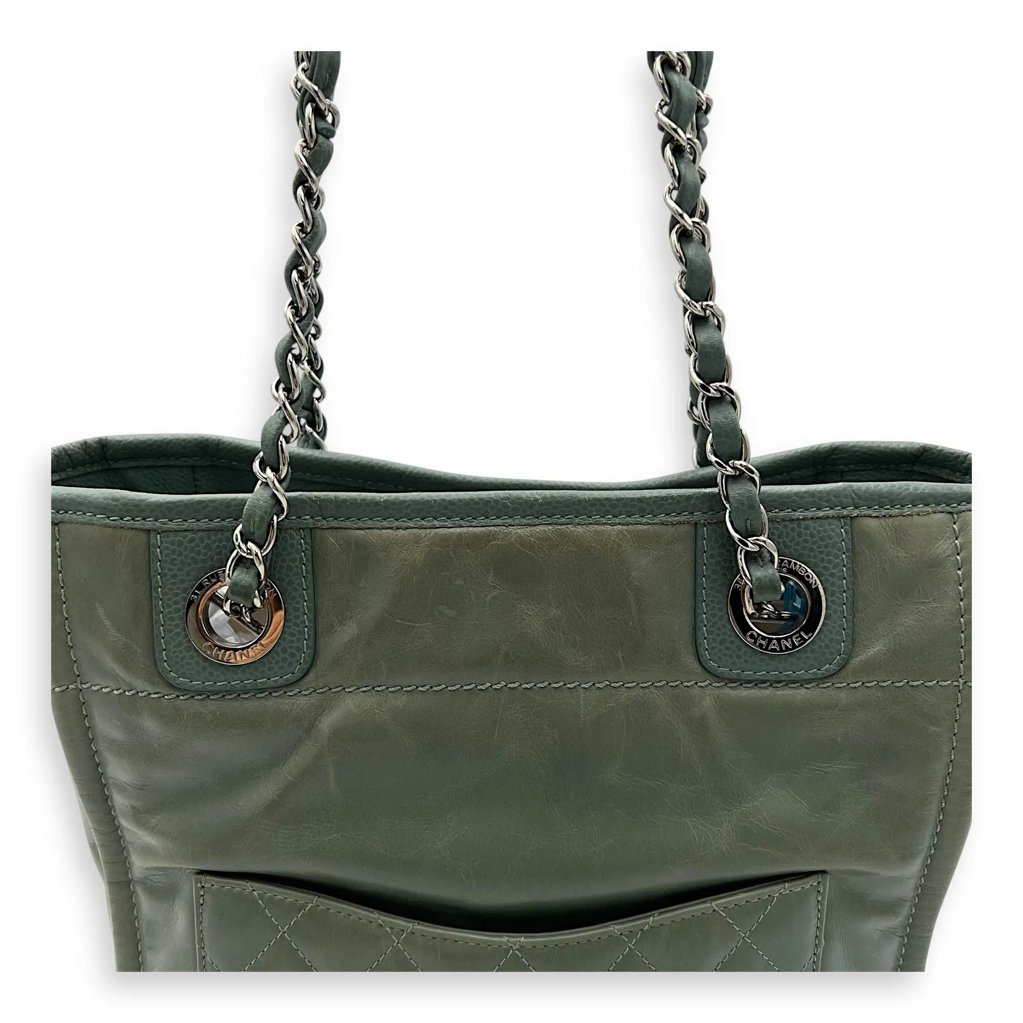Deauville Tote Bag Green in Calfskin, Silver hardware