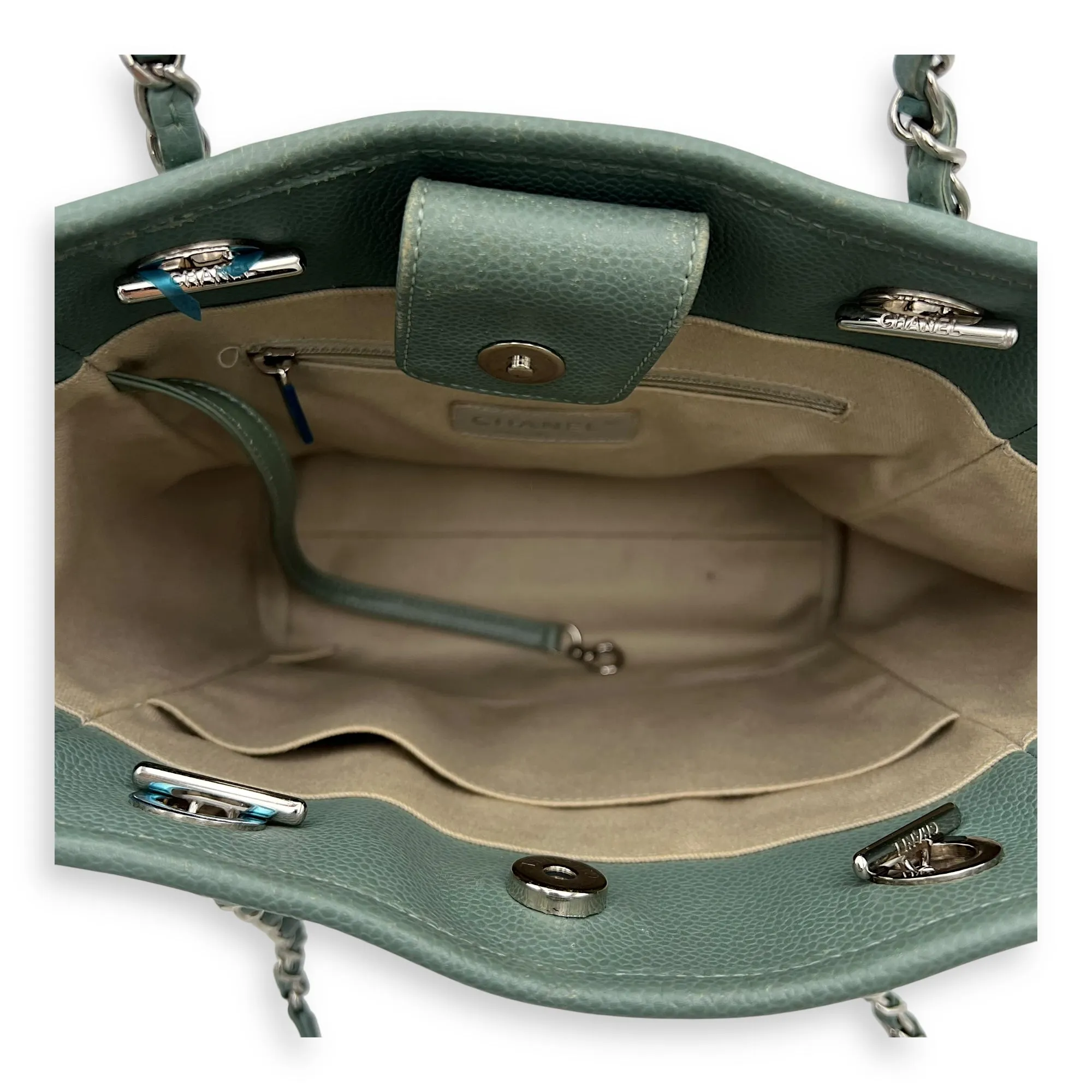 Deauville Tote Bag Green in Calfskin, Silver hardware