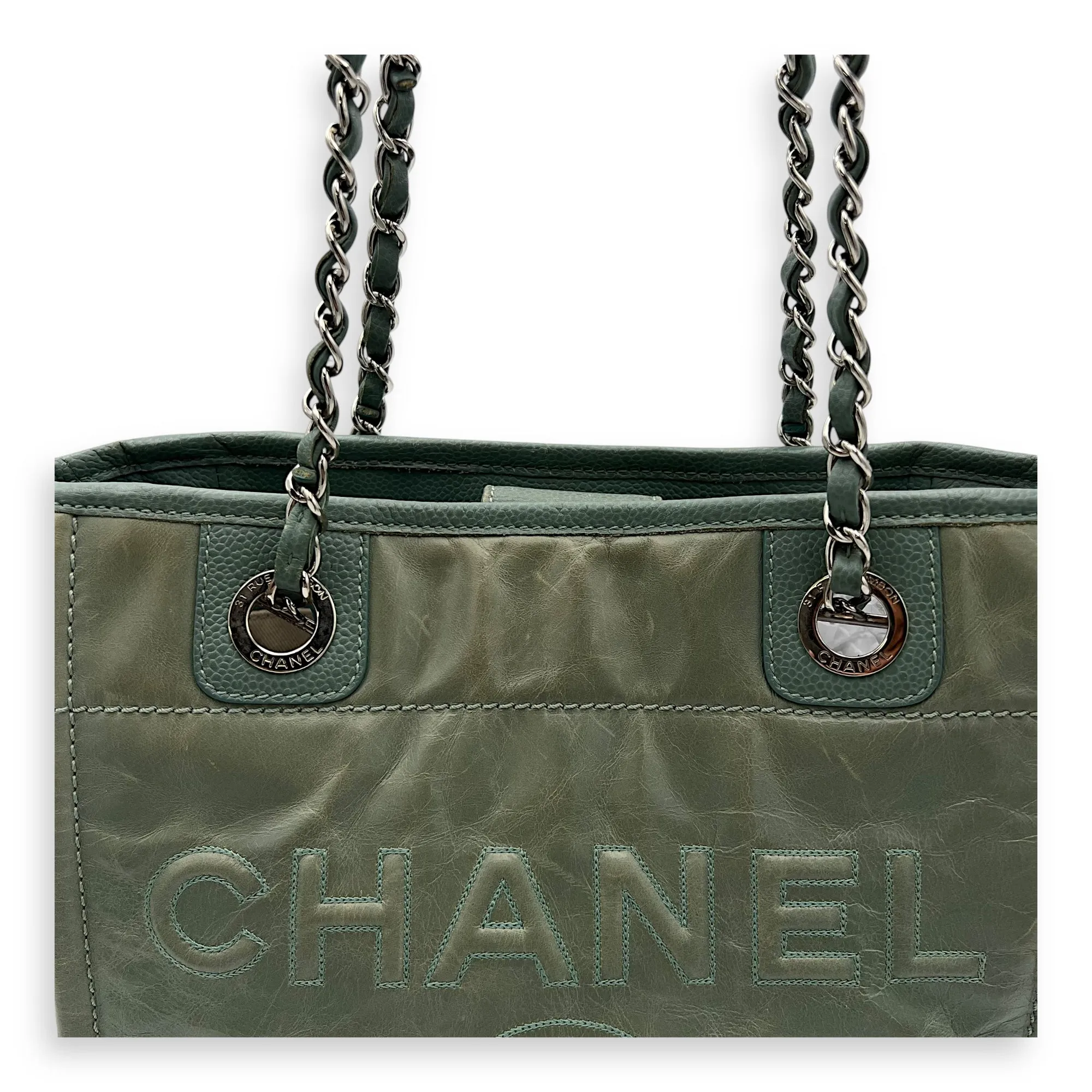 Deauville Tote Bag Green in Calfskin, Silver hardware