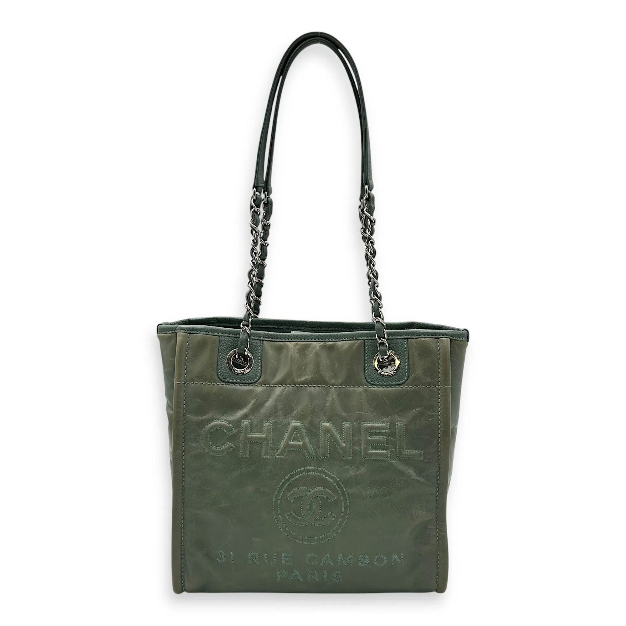 Deauville Tote Bag Green in Calfskin, Silver hardware