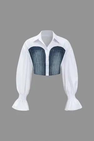 Denim Patchwork Bell Sleeve Long-Sleeve Top