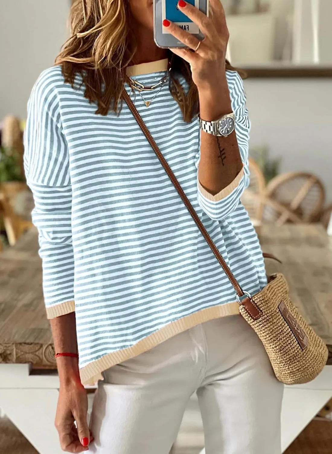 Dokotoo Long Sleeve Shirts for Women Casual Spring Crewneck Striped Color Block Shirt High Low Pullover Sweater Tops