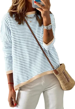 Dokotoo Long Sleeve Shirts for Women Casual Spring Crewneck Striped Color Block Shirt High Low Pullover Sweater Tops