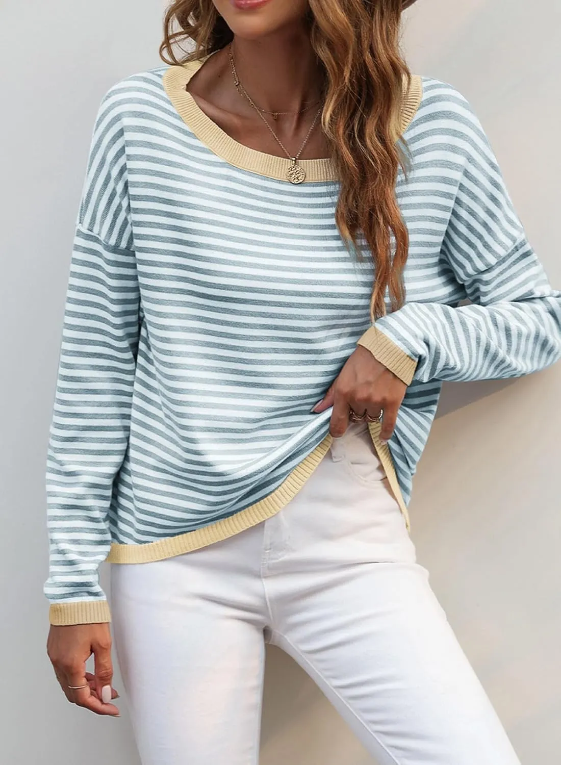Dokotoo Long Sleeve Shirts for Women Casual Spring Crewneck Striped Color Block Shirt High Low Pullover Sweater Tops