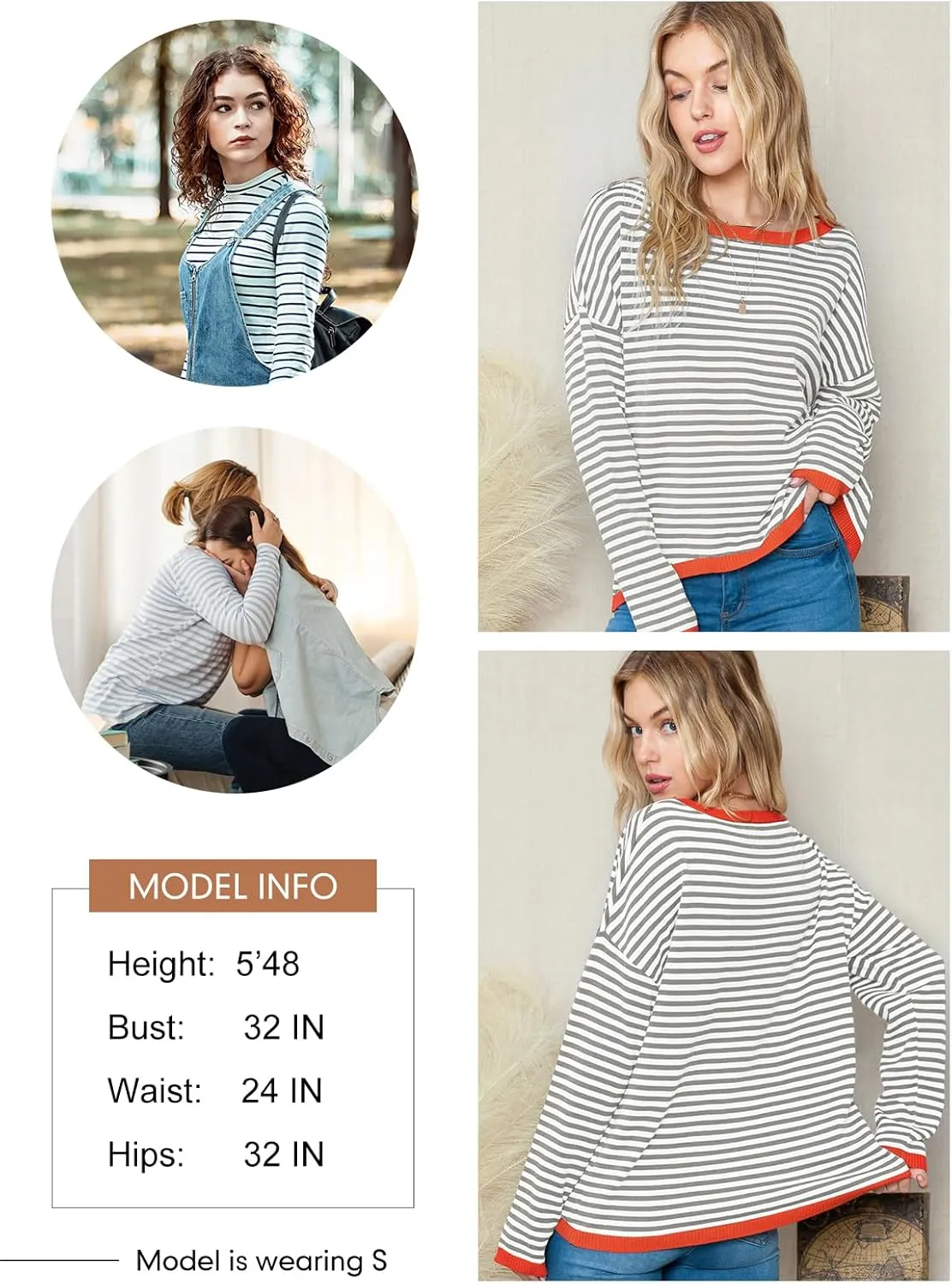 Dokotoo Long Sleeve Shirts for Women Casual Spring Crewneck Striped Color Block Shirt High Low Pullover Sweater Tops