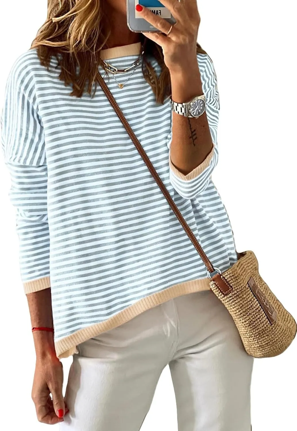 Dokotoo Long Sleeve Shirts for Women Casual Spring Crewneck Striped Color Block Shirt High Low Pullover Sweater Tops