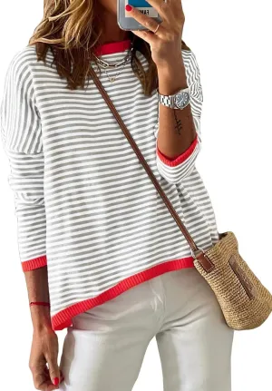 Dokotoo Long Sleeve Shirts for Women Casual Spring Crewneck Striped Color Block Shirt High Low Pullover Sweater Tops