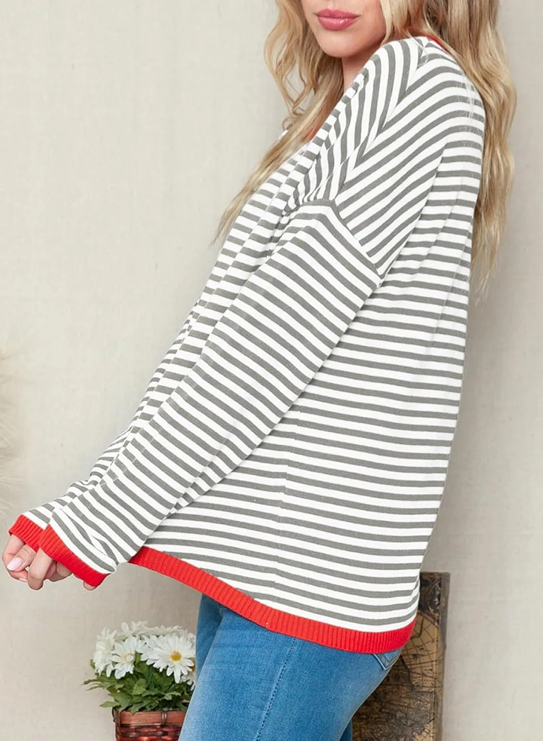 Dokotoo Long Sleeve Shirts for Women Casual Spring Crewneck Striped Color Block Shirt High Low Pullover Sweater Tops