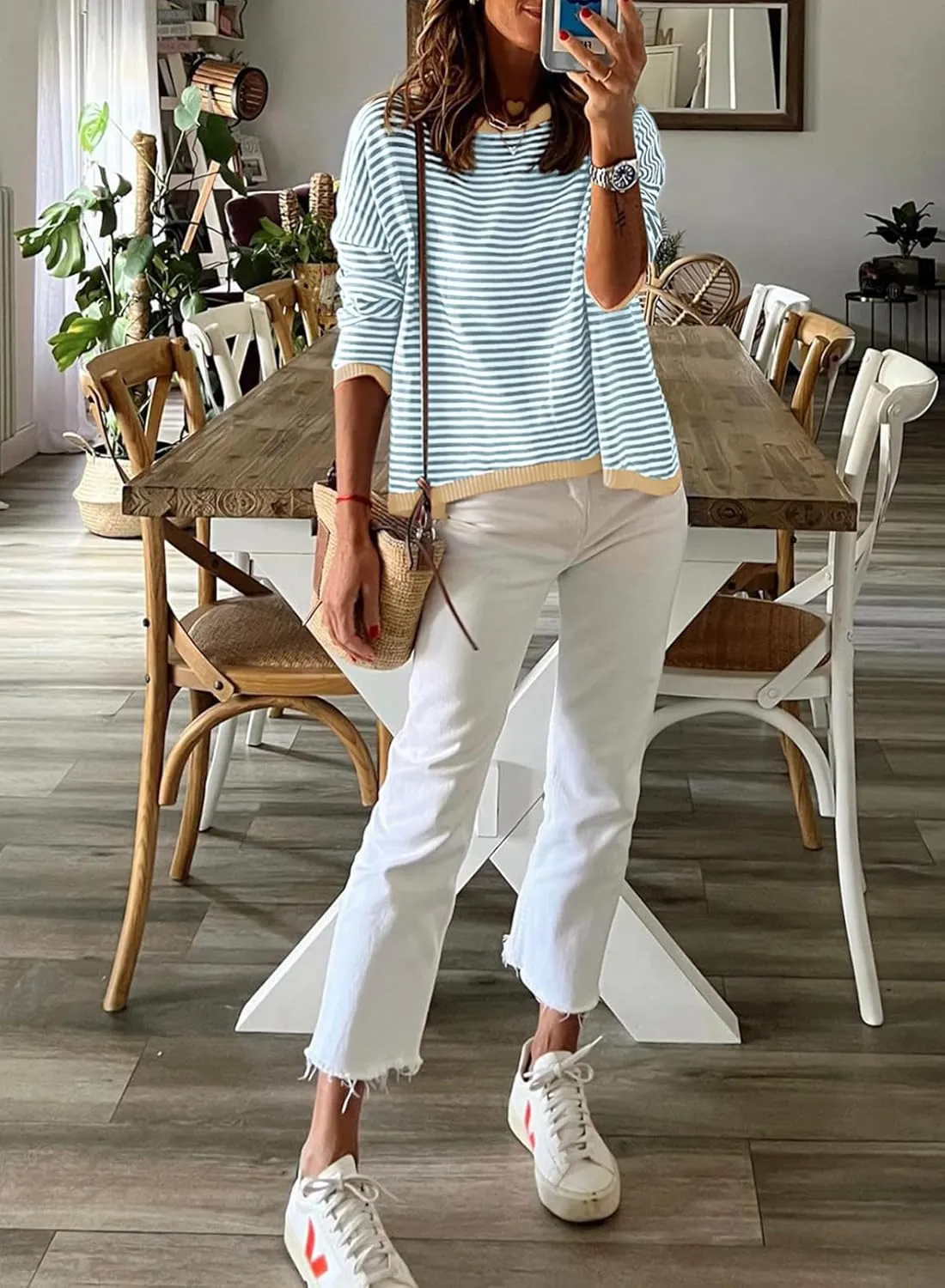 Dokotoo Long Sleeve Shirts for Women Casual Spring Crewneck Striped Color Block Shirt High Low Pullover Sweater Tops