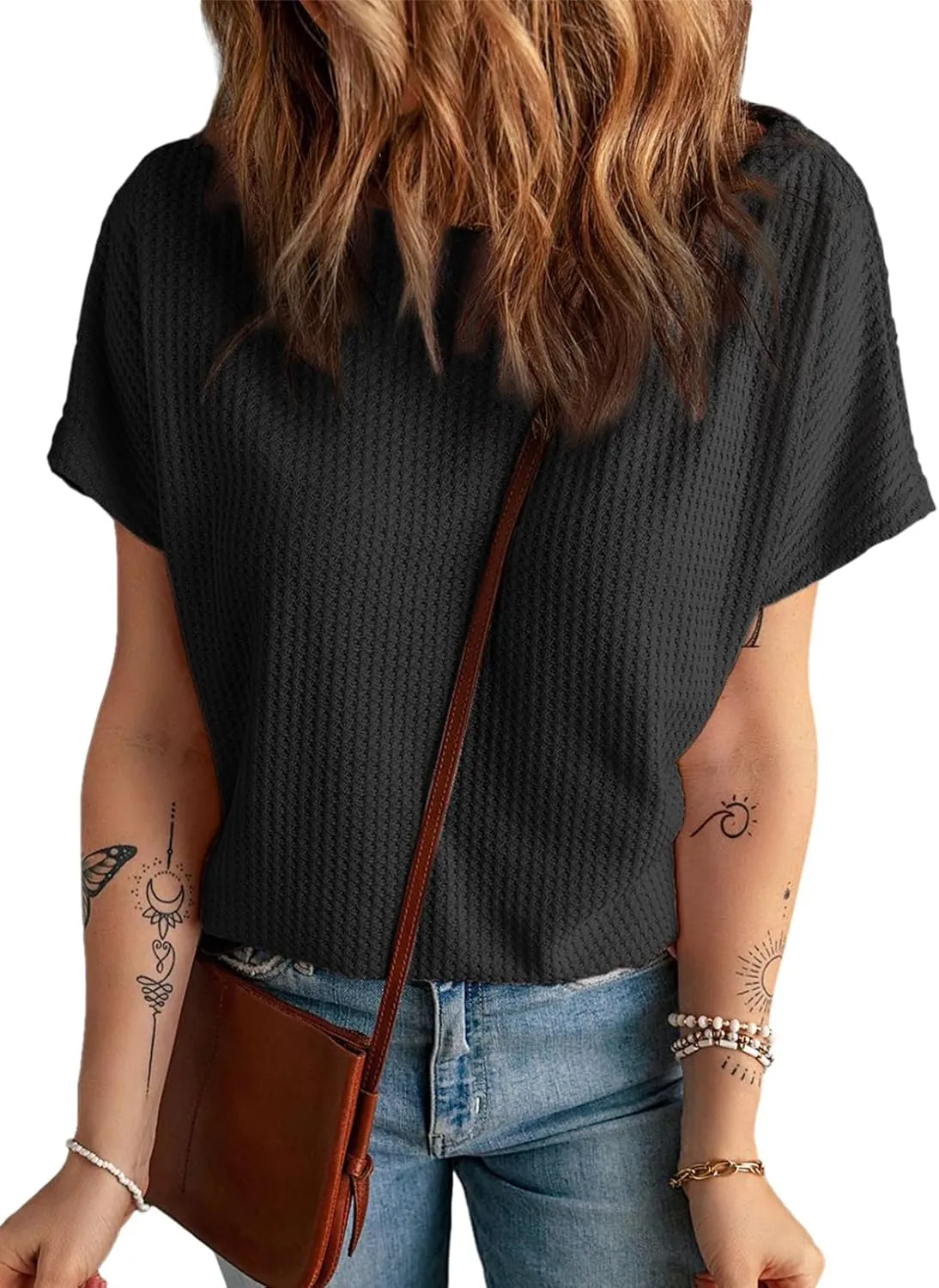 Dokotoo Women's Casual Boat Neck Short Sleeve Waffle Knit Shirts Loose Summer Tunic Tops Blouses