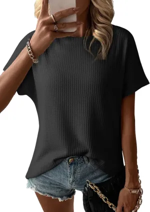 Dokotoo Women's Casual Boat Neck Short Sleeve Waffle Knit Shirts Loose Summer Tunic Tops Blouses