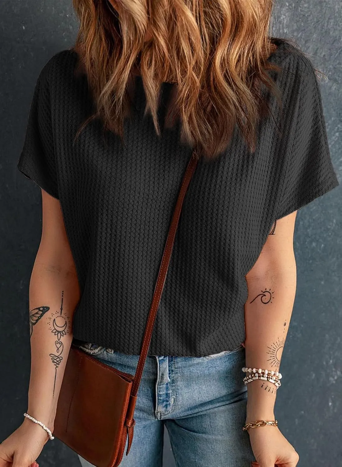 Dokotoo Women's Casual Boat Neck Short Sleeve Waffle Knit Shirts Loose Summer Tunic Tops Blouses