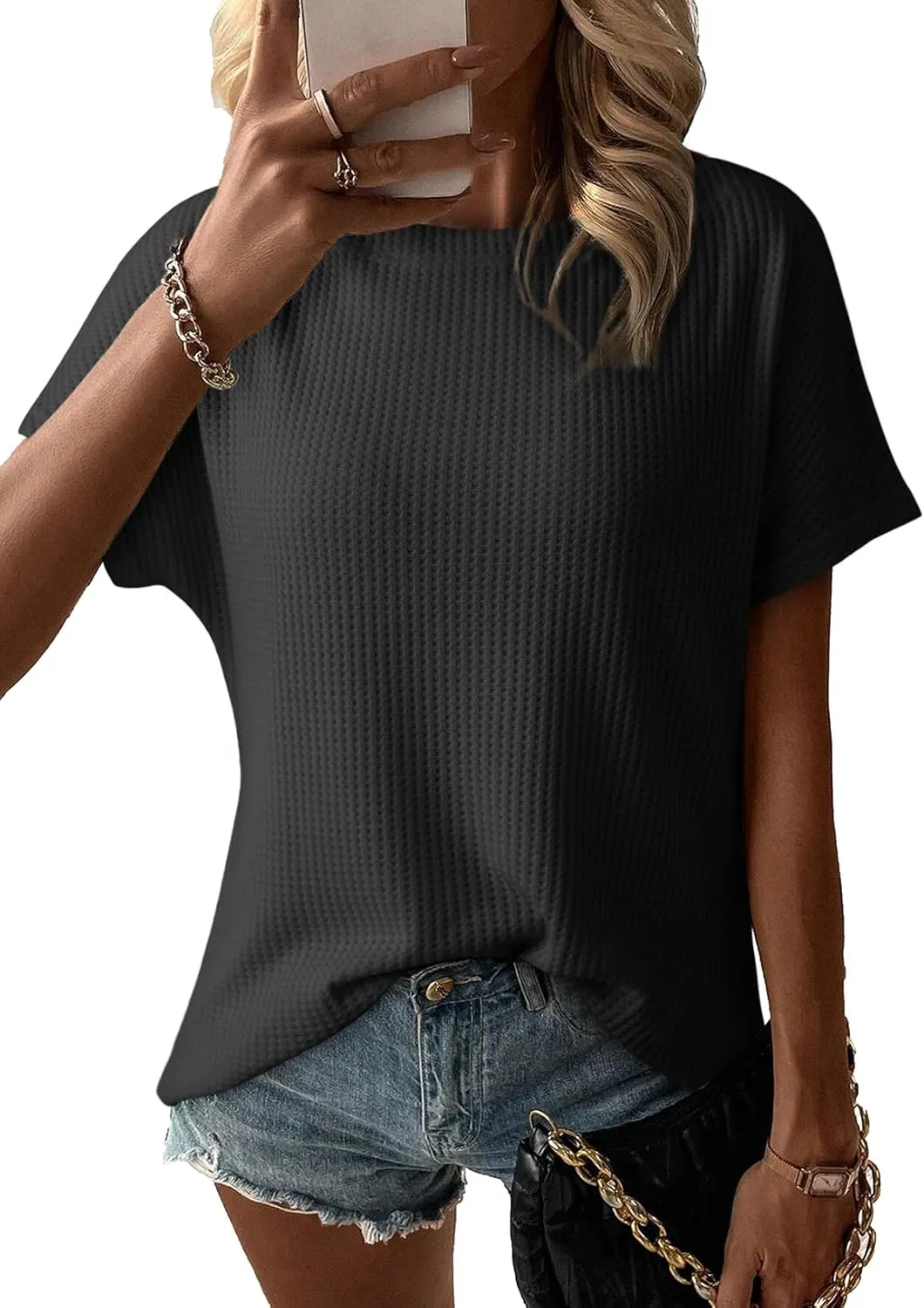 Dokotoo Women's Casual Boat Neck Short Sleeve Waffle Knit Shirts Loose Summer Tunic Tops Blouses