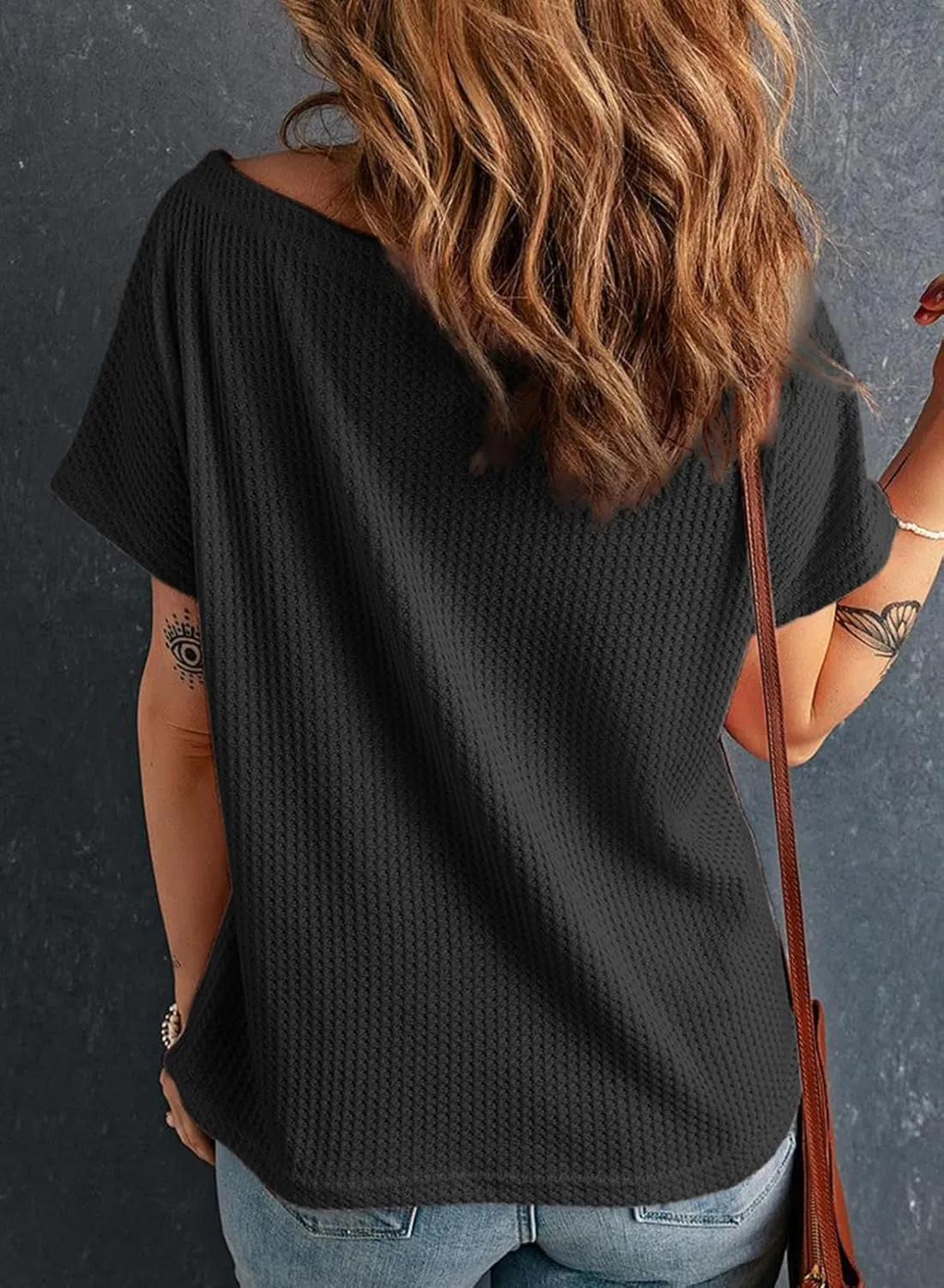 Dokotoo Women's Casual Boat Neck Short Sleeve Waffle Knit Shirts Loose Summer Tunic Tops Blouses