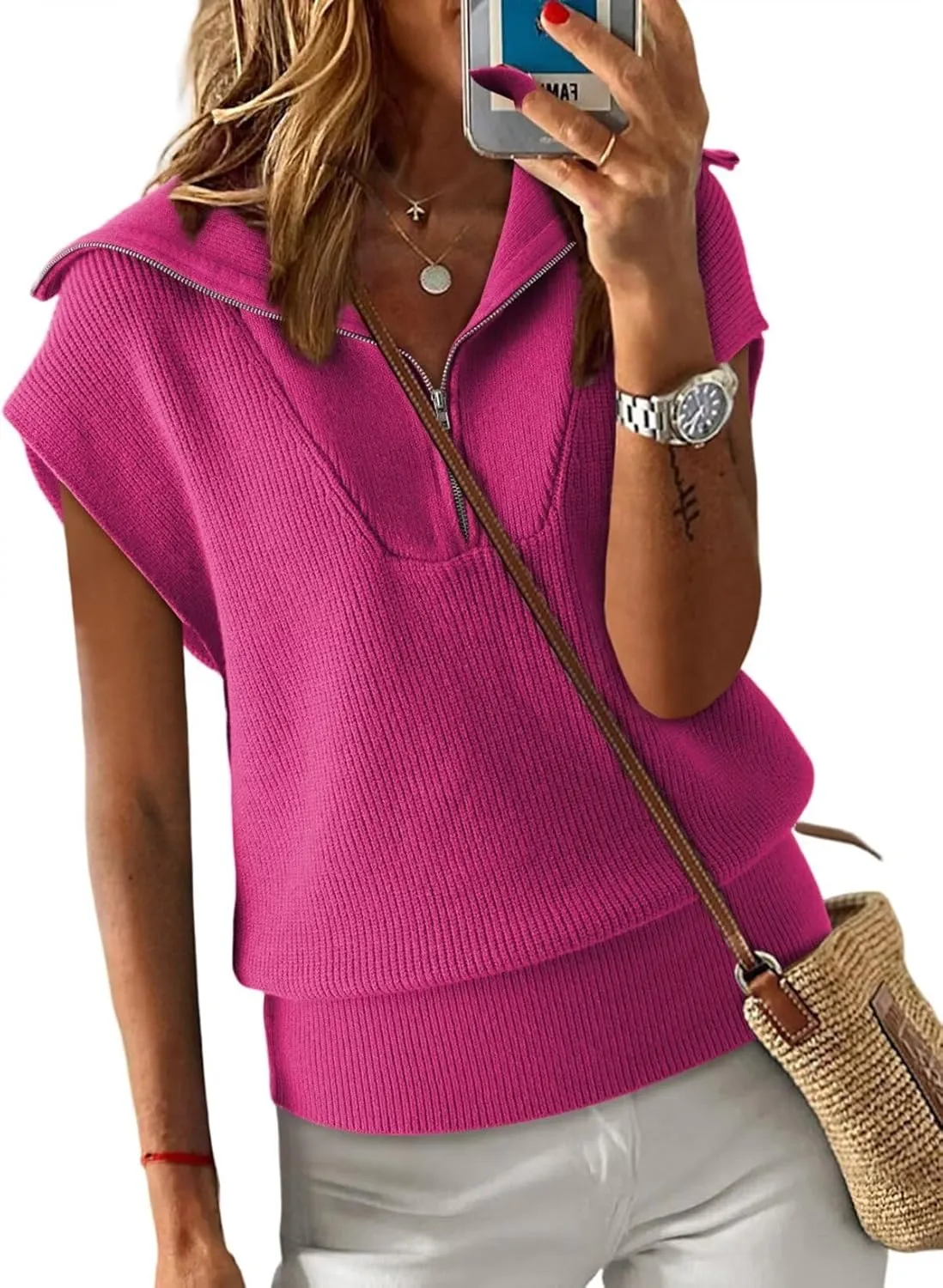 Dokotoo Women's Casual Sleeveless Half Zip Pullover Sweaters Solid V Neck Collar Ribbed Knitted Loose Sweaters