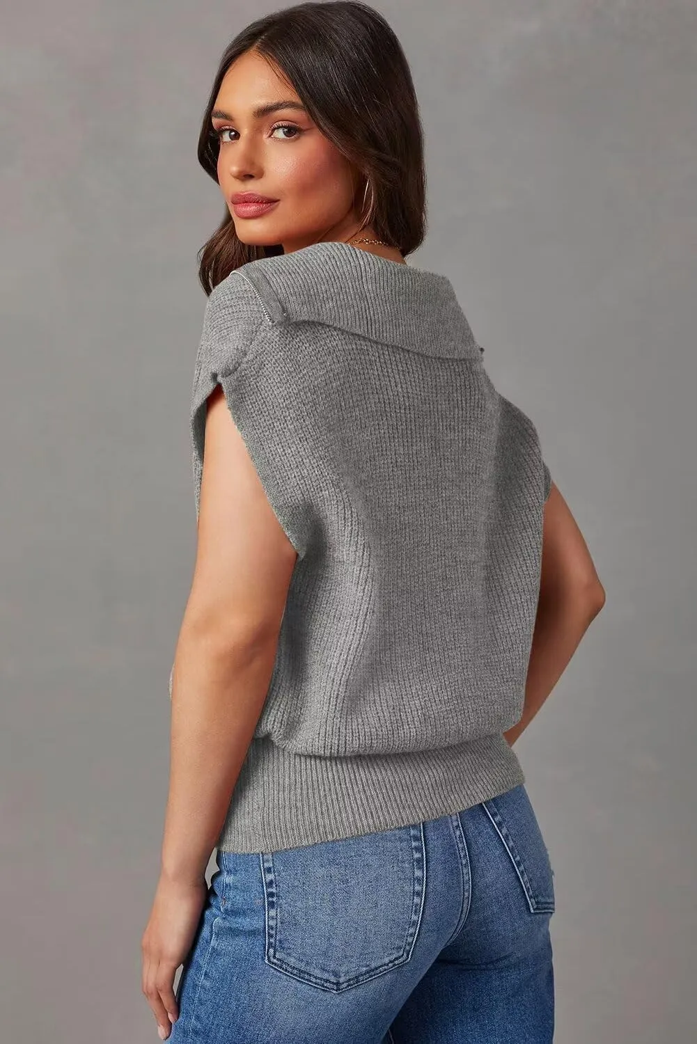 Dokotoo Women's Casual Sleeveless Half Zip Pullover Sweaters Solid V Neck Collar Ribbed Knitted Loose Sweaters