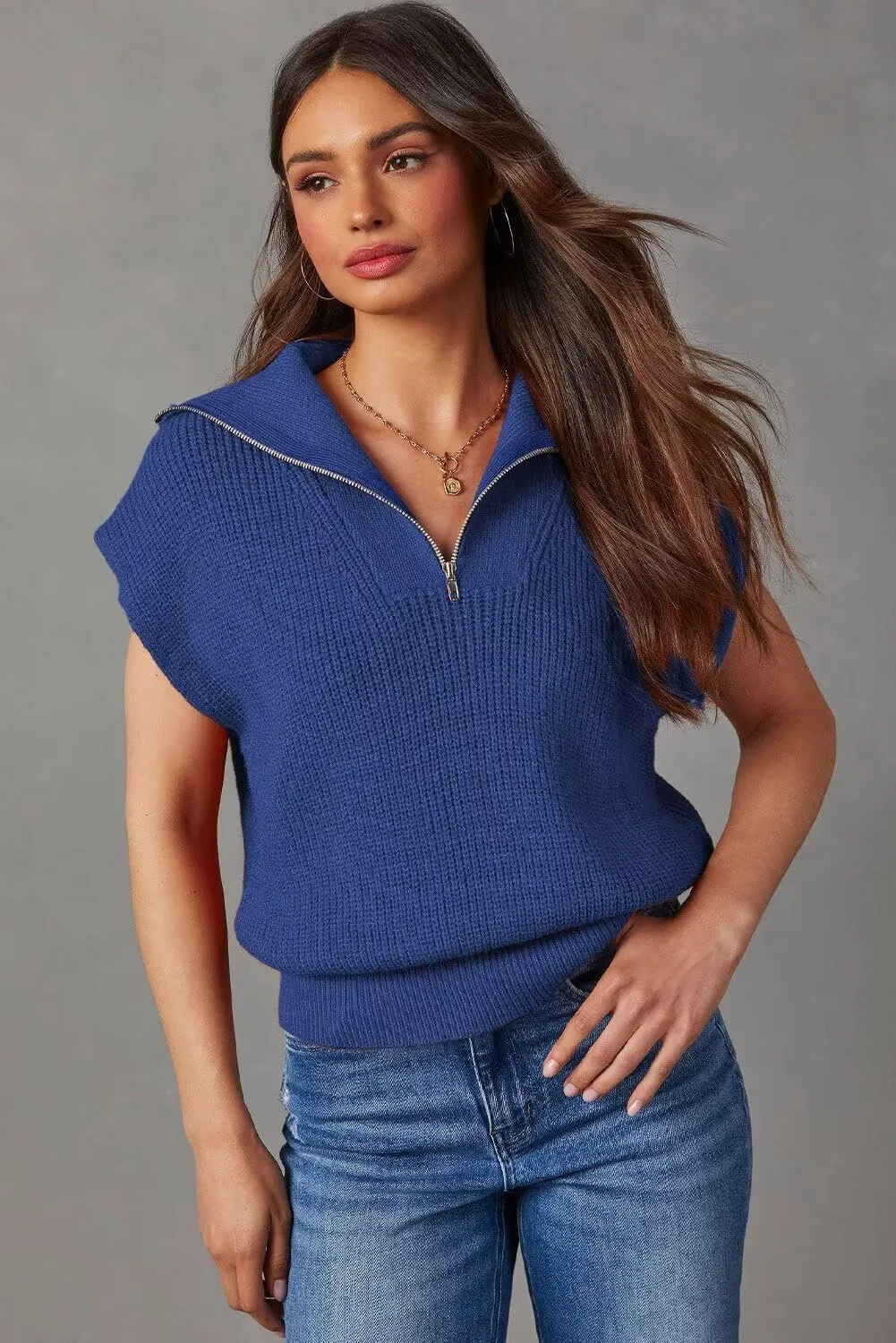 Dokotoo Women's Casual Sleeveless Half Zip Pullover Sweaters Solid V Neck Collar Ribbed Knitted Loose Sweaters