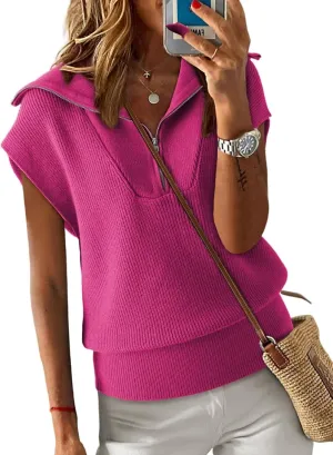 Dokotoo Women's Casual Sleeveless Half Zip Pullover Sweaters Solid V Neck Collar Ribbed Knitted Loose Sweaters