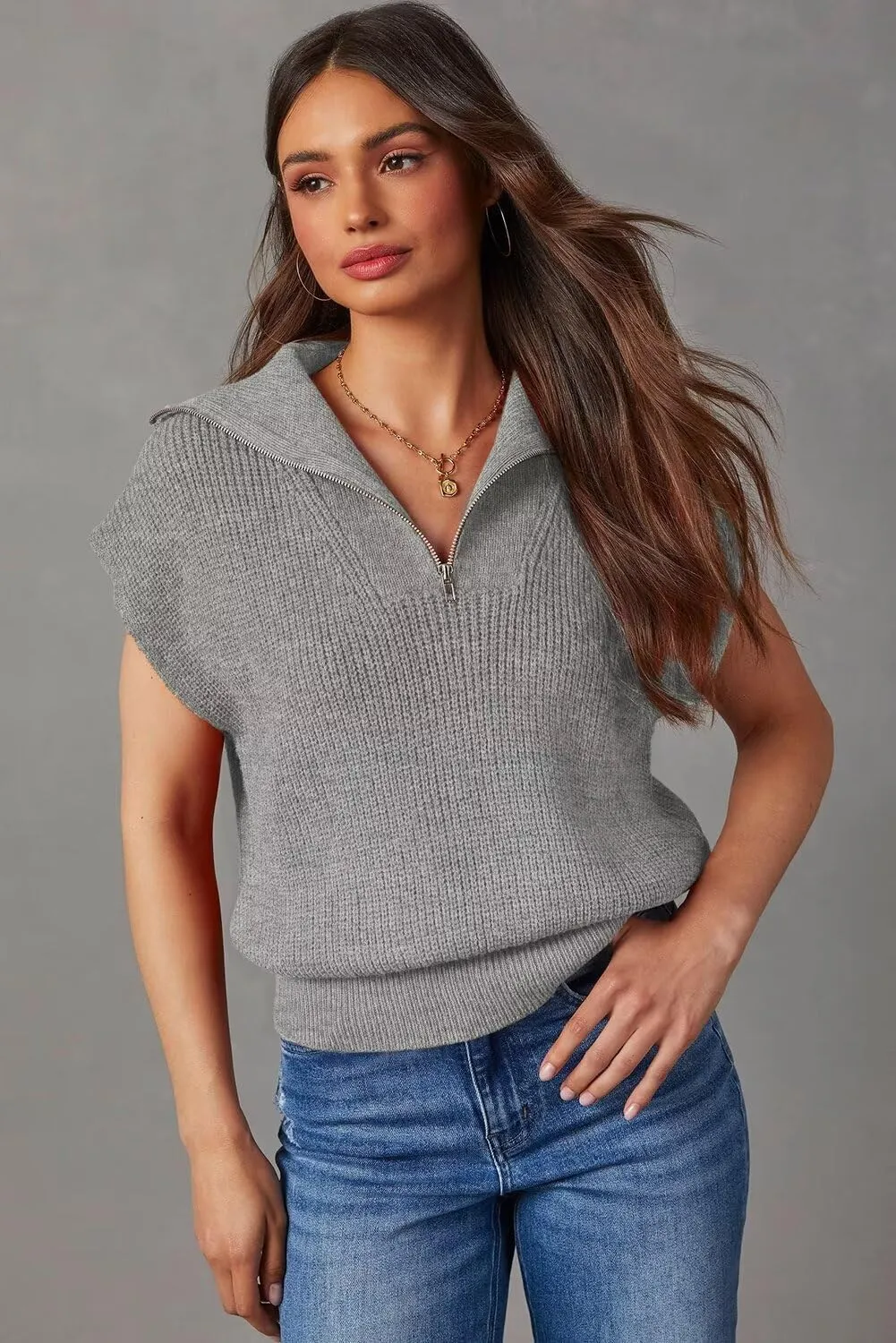Dokotoo Women's Casual Sleeveless Half Zip Pullover Sweaters Solid V Neck Collar Ribbed Knitted Loose Sweaters