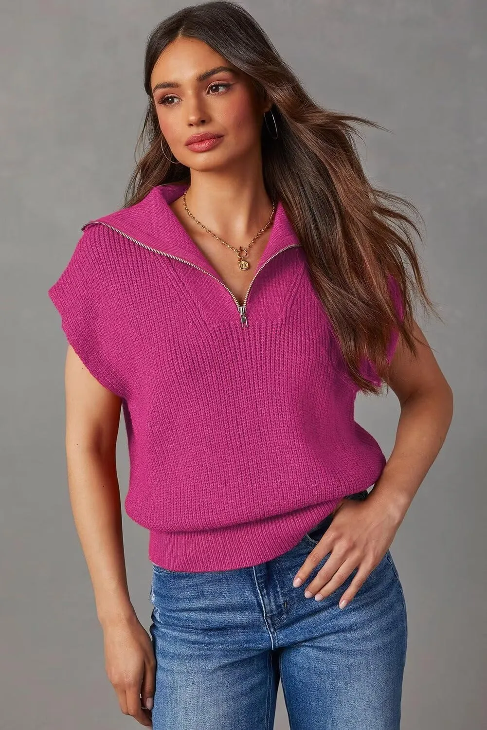 Dokotoo Women's Casual Sleeveless Half Zip Pullover Sweaters Solid V Neck Collar Ribbed Knitted Loose Sweaters