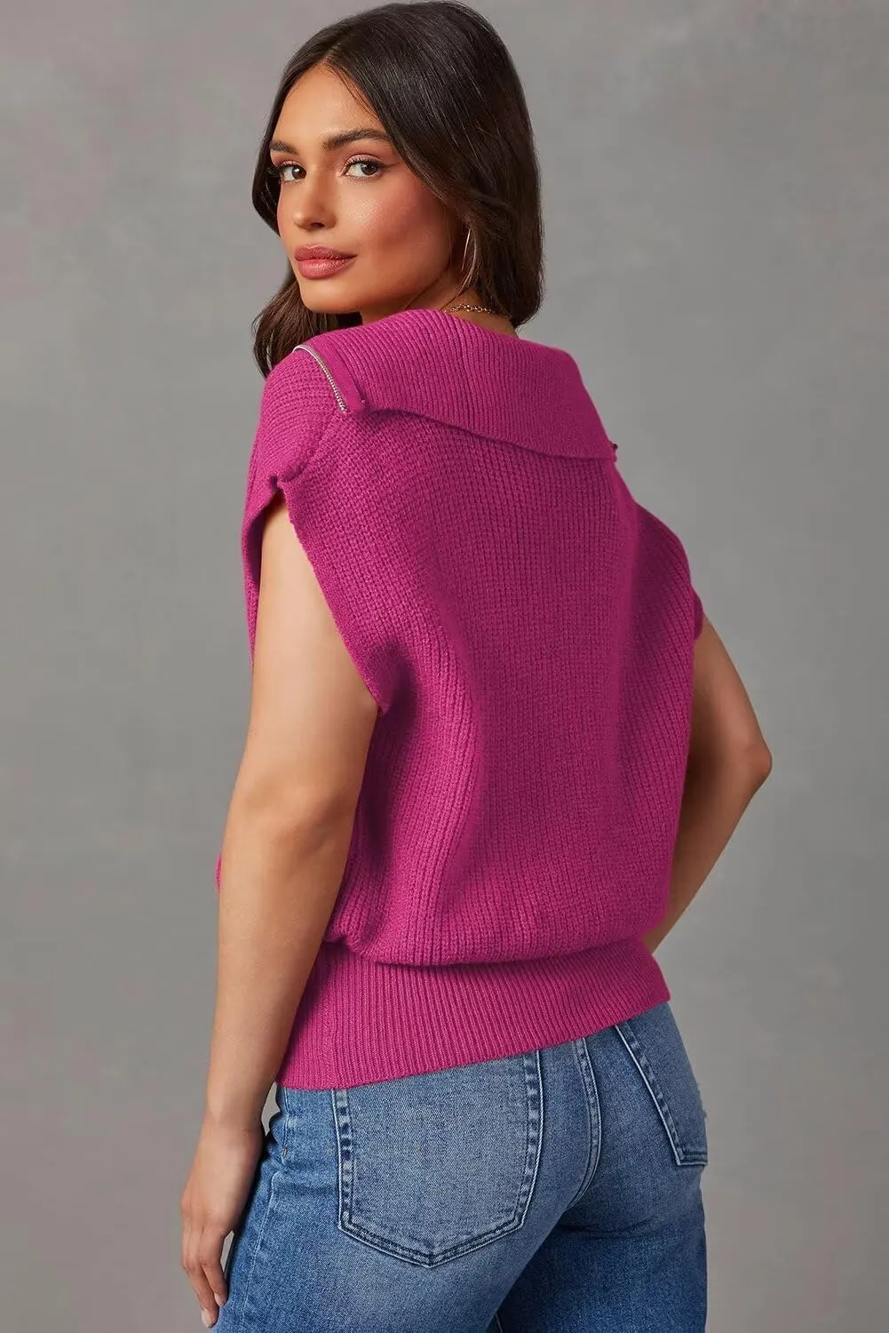 Dokotoo Women's Casual Sleeveless Half Zip Pullover Sweaters Solid V Neck Collar Ribbed Knitted Loose Sweaters
