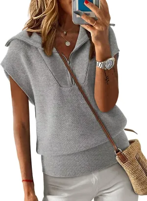 Dokotoo Women's Casual Sleeveless Half Zip Pullover Sweaters Solid V Neck Collar Ribbed Knitted Loose Sweaters