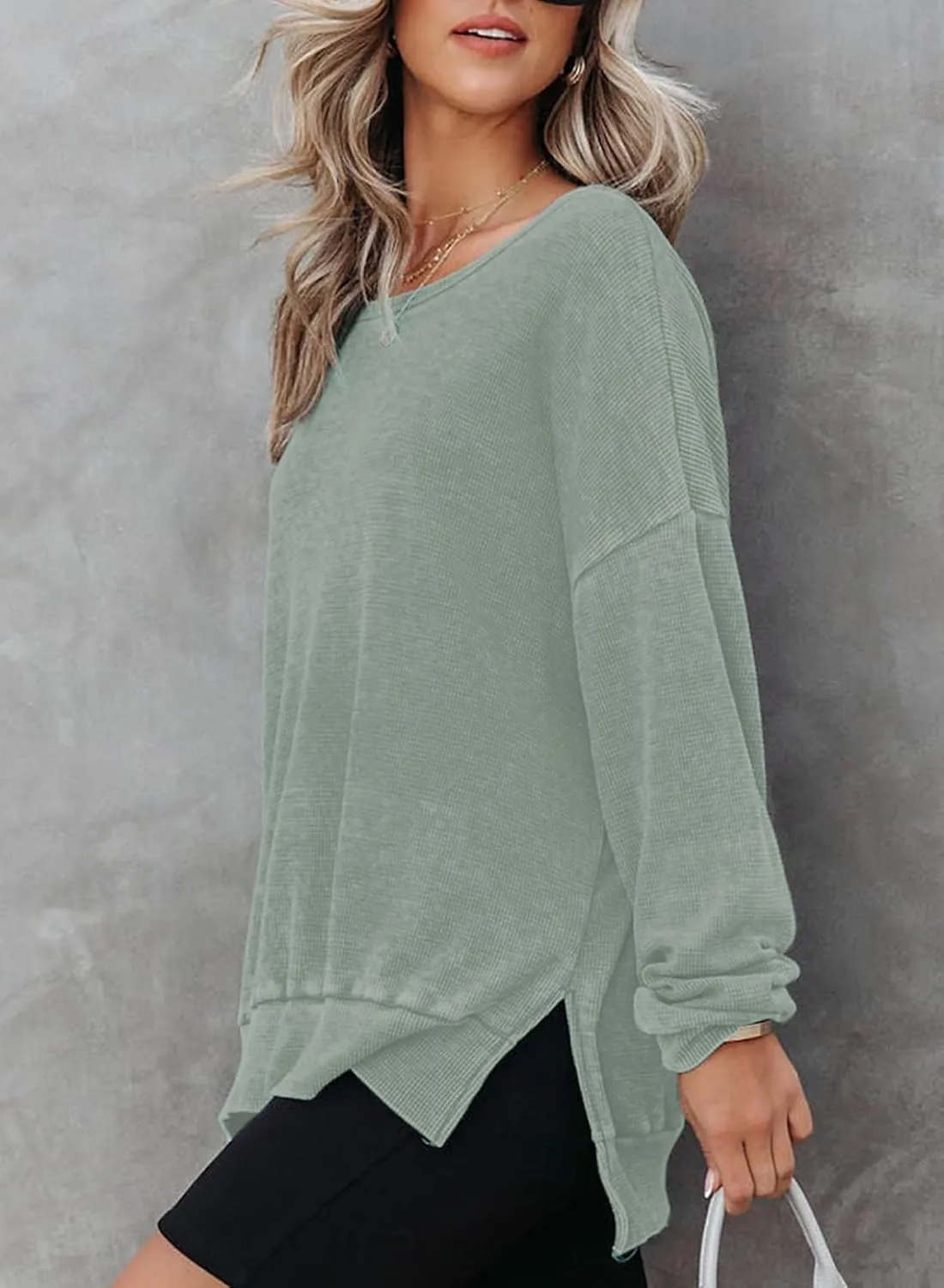 Dokotoo Womens Oversized Waffle Knit Crewneck Sweatshirts Long Sleeve Side Slits Casual Pullover Sweatshirt Tops