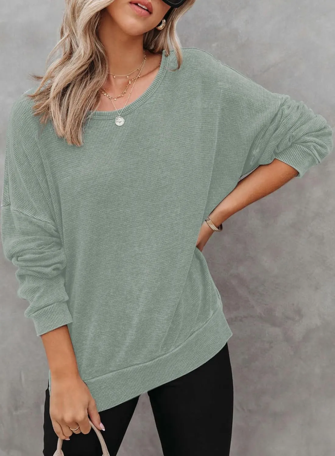 Dokotoo Womens Oversized Waffle Knit Crewneck Sweatshirts Long Sleeve Side Slits Casual Pullover Sweatshirt Tops