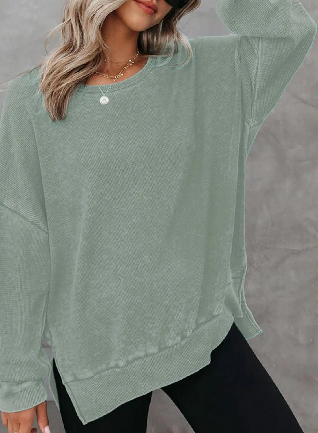 Dokotoo Womens Oversized Waffle Knit Crewneck Sweatshirts Long Sleeve Side Slits Casual Pullover Sweatshirt Tops