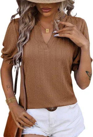 Dokotoo Womens Summer Short Puff Sleeves Blouses Shirts V Neck Cute Solid Knit Textured Casual Regular Fit Tops