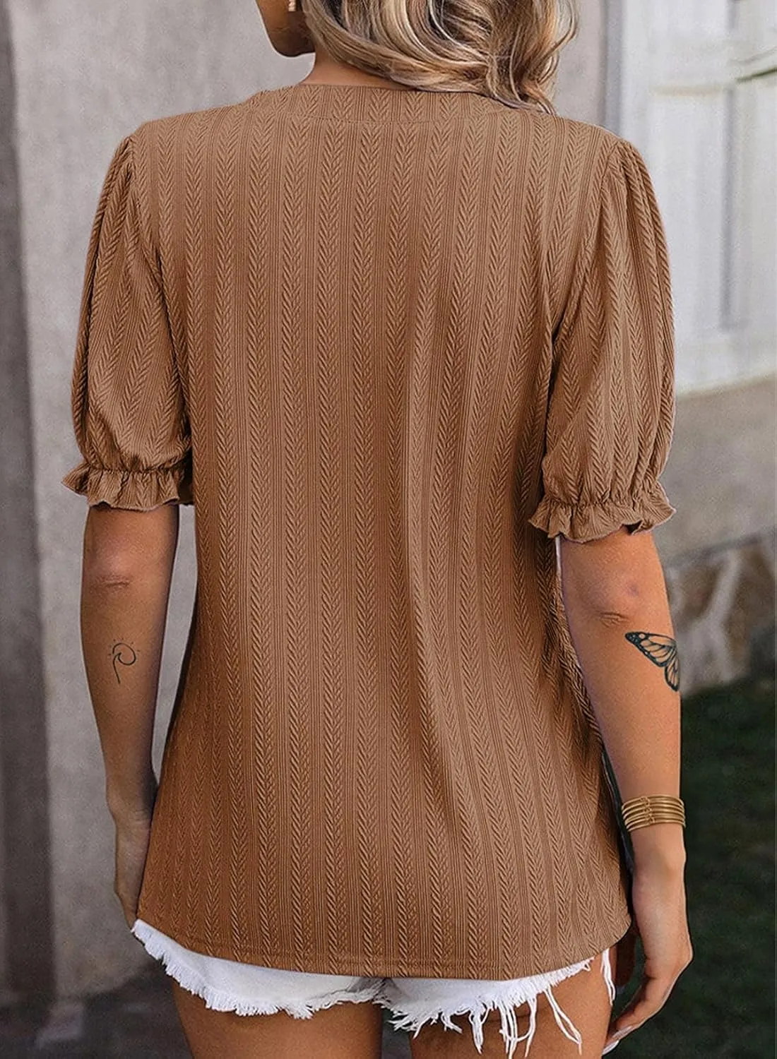 Dokotoo Womens Summer Short Puff Sleeves Blouses Shirts V Neck Cute Solid Knit Textured Casual Regular Fit Tops