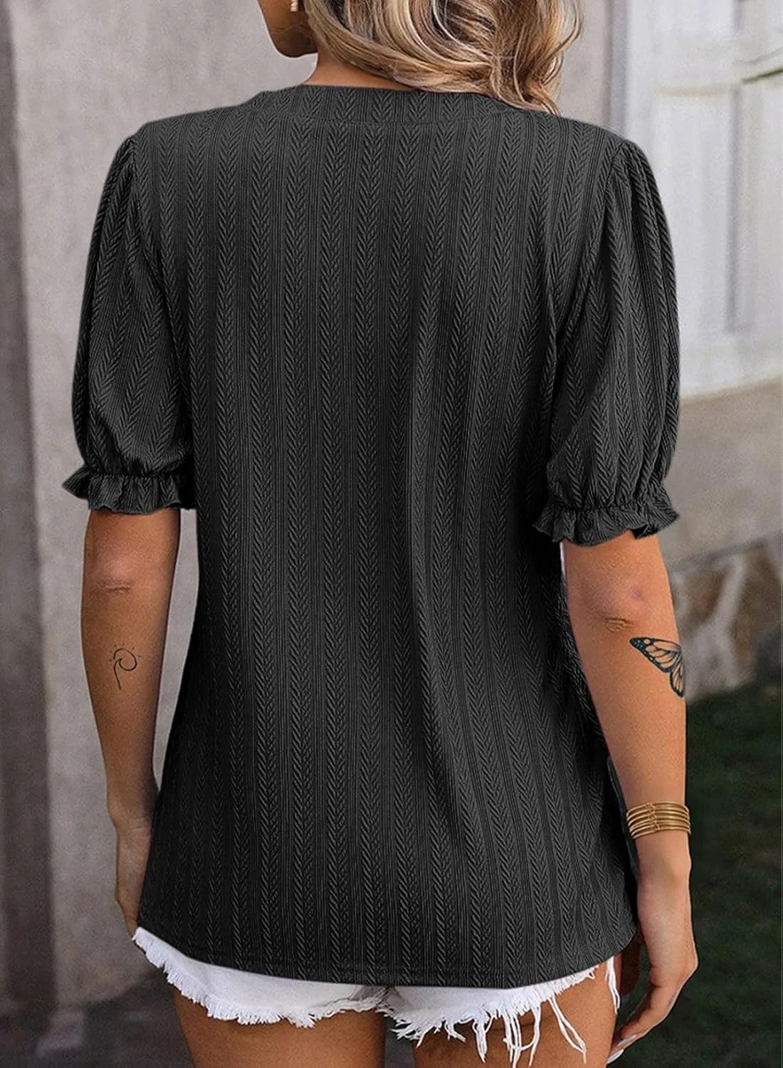 Dokotoo Womens Summer Short Puff Sleeves Blouses Shirts V Neck Cute Solid Knit Textured Casual Regular Fit Tops