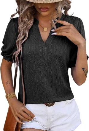 Dokotoo Womens Summer Short Puff Sleeves Blouses Shirts V Neck Cute Solid Knit Textured Casual Regular Fit Tops