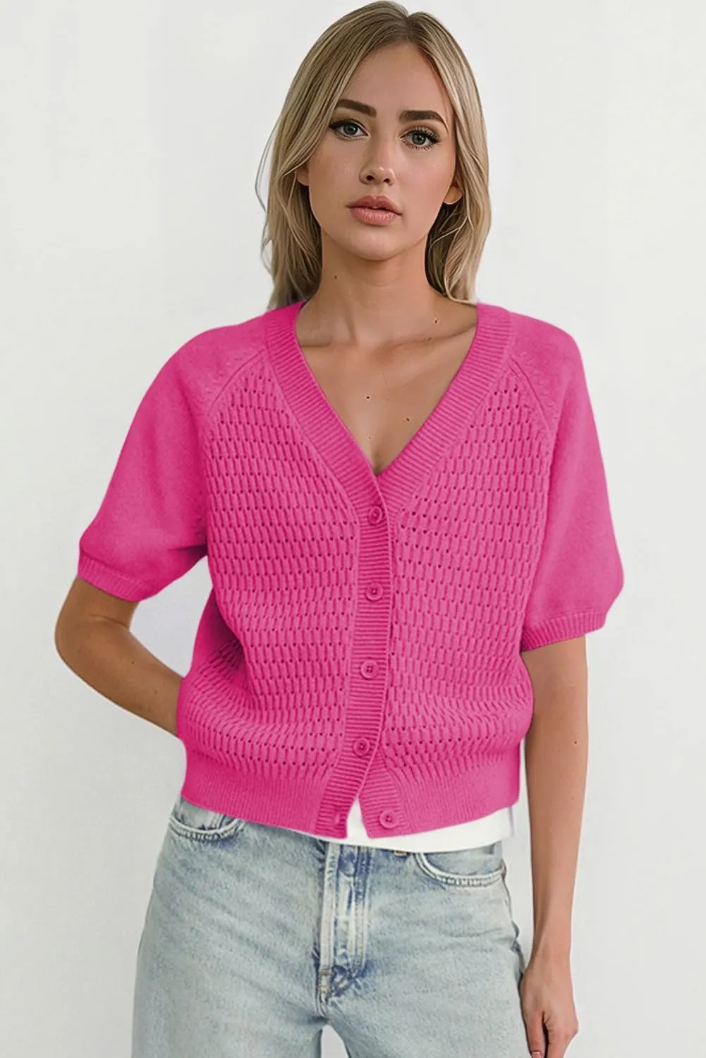 Dokotoo Womens Summer Tops 2024 Trendy V Neck Hollow Out Cropped Button Down Shirts Puff Sleeves Blouses