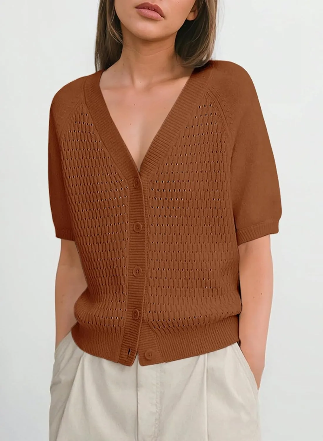 Dokotoo Womens Summer Tops 2024 Trendy V Neck Hollow Out Cropped Button Down Shirts Puff Sleeves Blouses