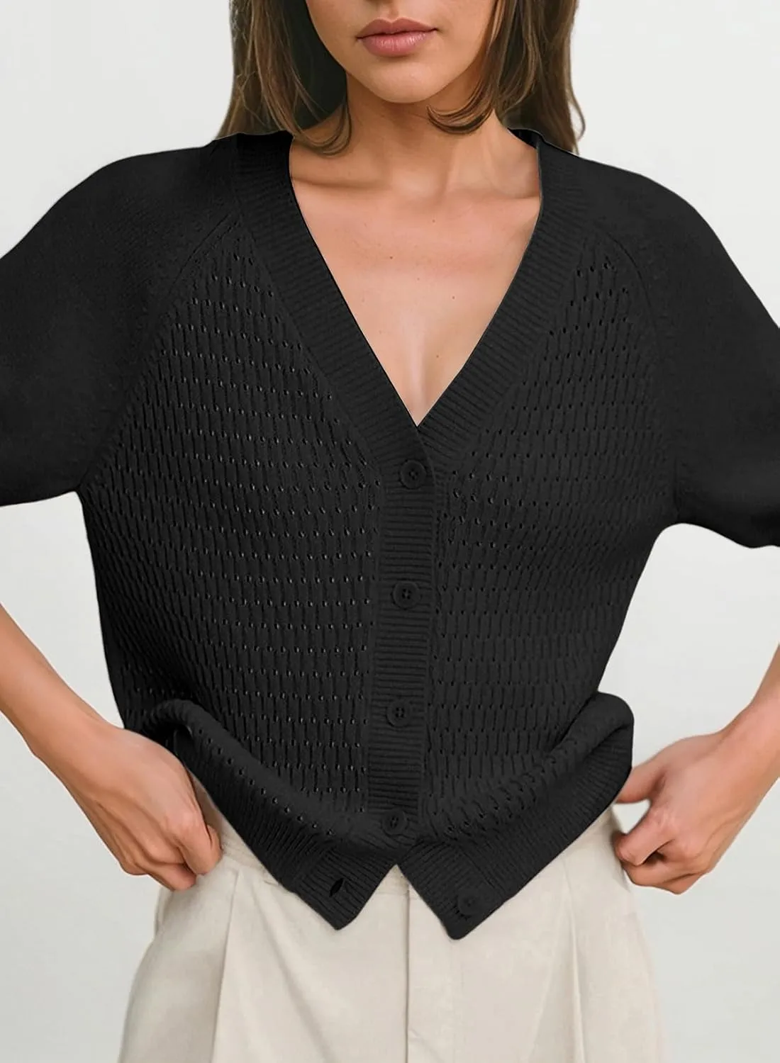 Dokotoo Womens Summer Tops 2024 Trendy V Neck Hollow Out Cropped Button Down Shirts Puff Sleeves Blouses