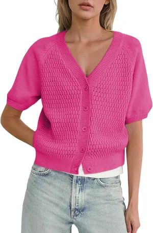 Dokotoo Womens Summer Tops 2024 Trendy V Neck Hollow Out Cropped Button Down Shirts Puff Sleeves Blouses