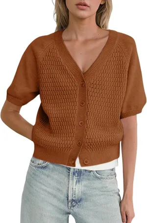 Dokotoo Womens Summer Tops 2024 Trendy V Neck Hollow Out Cropped Button Down Shirts Puff Sleeves Blouses