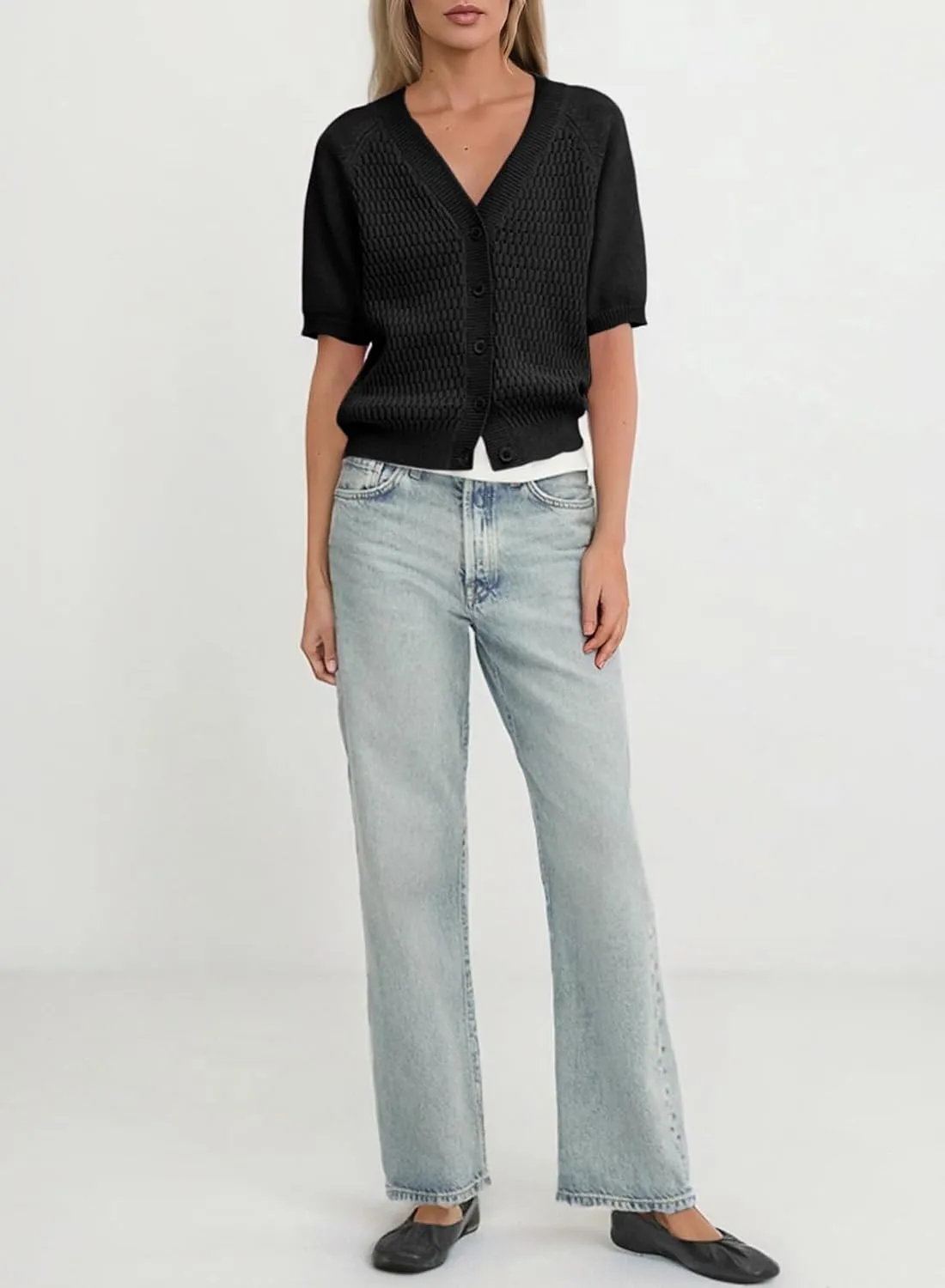 Dokotoo Womens Summer Tops 2024 Trendy V Neck Hollow Out Cropped Button Down Shirts Puff Sleeves Blouses