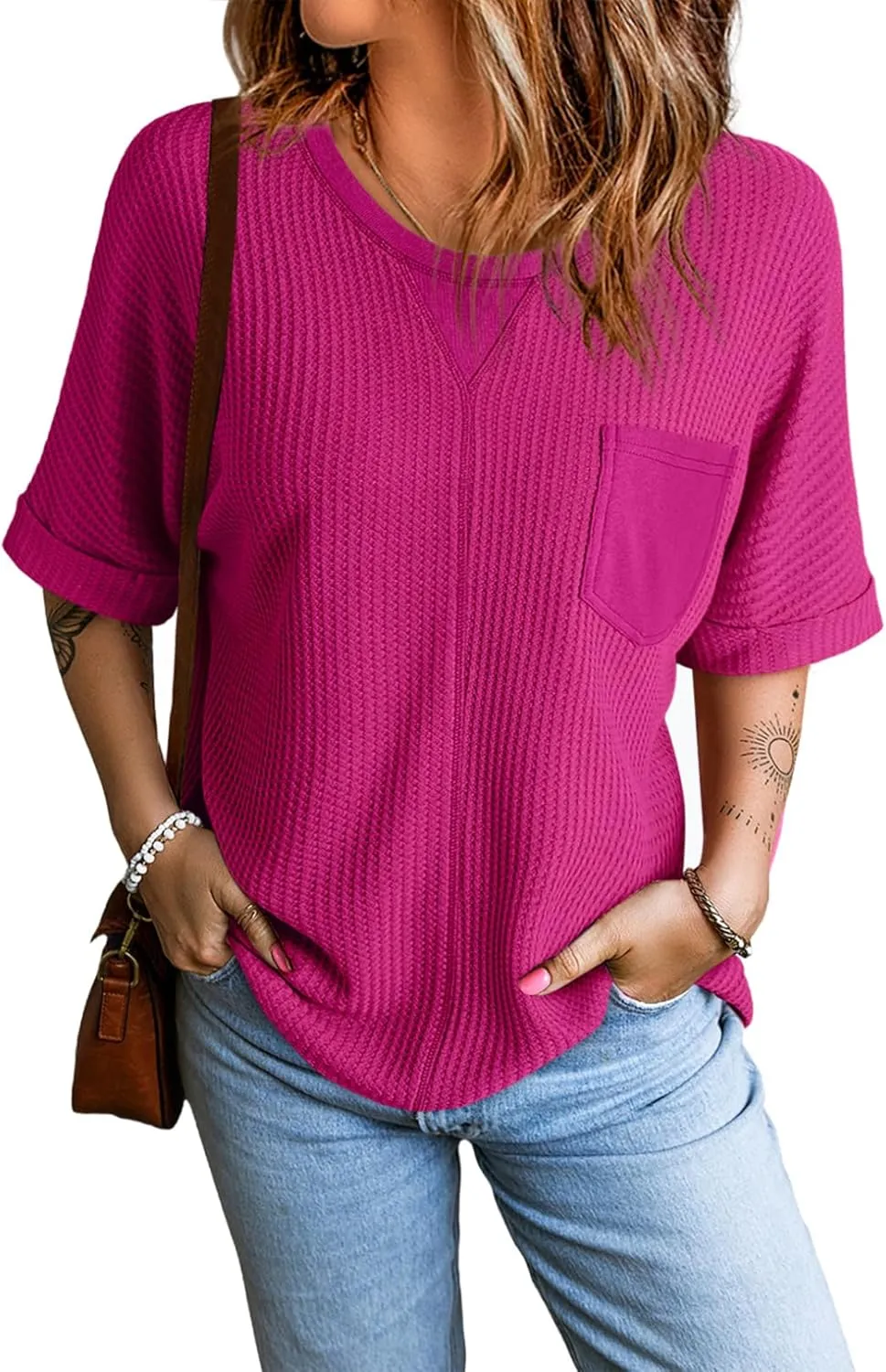 Dokotoo Womens Summer Tops 2025 Fashion Short Sleeve Crewneck Waffle Knit T Shirts Casual Oversized Blouses Clothing