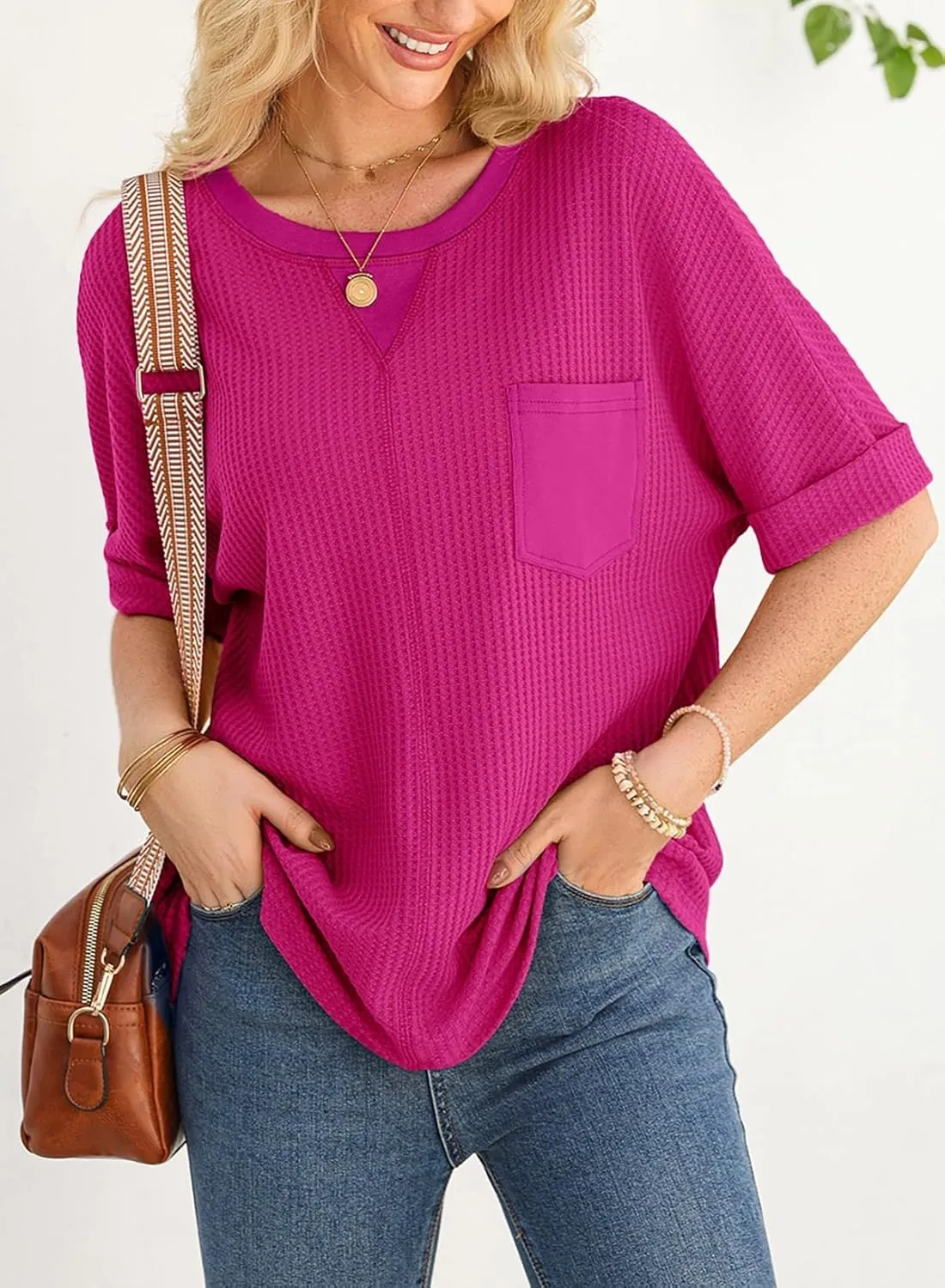 Dokotoo Womens Summer Tops 2025 Fashion Short Sleeve Crewneck Waffle Knit T Shirts Casual Oversized Blouses Clothing