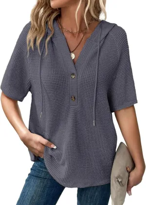 Dokotoo Womens Summer Tops Waffle Knit Short Sleeve Lightweight Drawstring Hoodies Button V Neck Casual Blouses Shirts