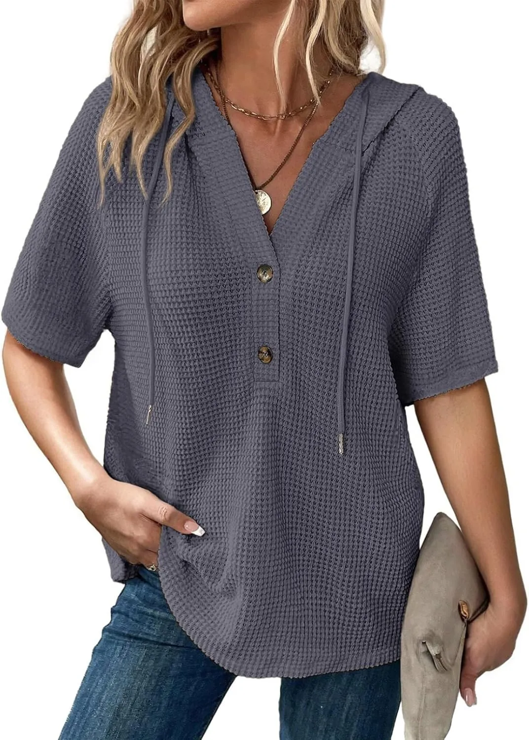 Dokotoo Womens Summer Tops Waffle Knit Short Sleeve Lightweight Drawstring Hoodies Button V Neck Casual Blouses Shirts