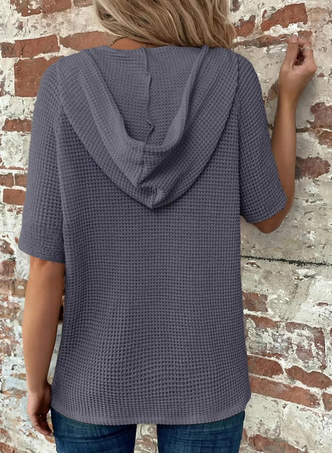 Dokotoo Womens Summer Tops Waffle Knit Short Sleeve Lightweight Drawstring Hoodies Button V Neck Casual Blouses Shirts