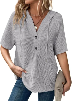 Dokotoo Womens Summer Tops Waffle Knit Short Sleeve Lightweight Drawstring Hoodies Button V Neck Casual Blouses Shirts